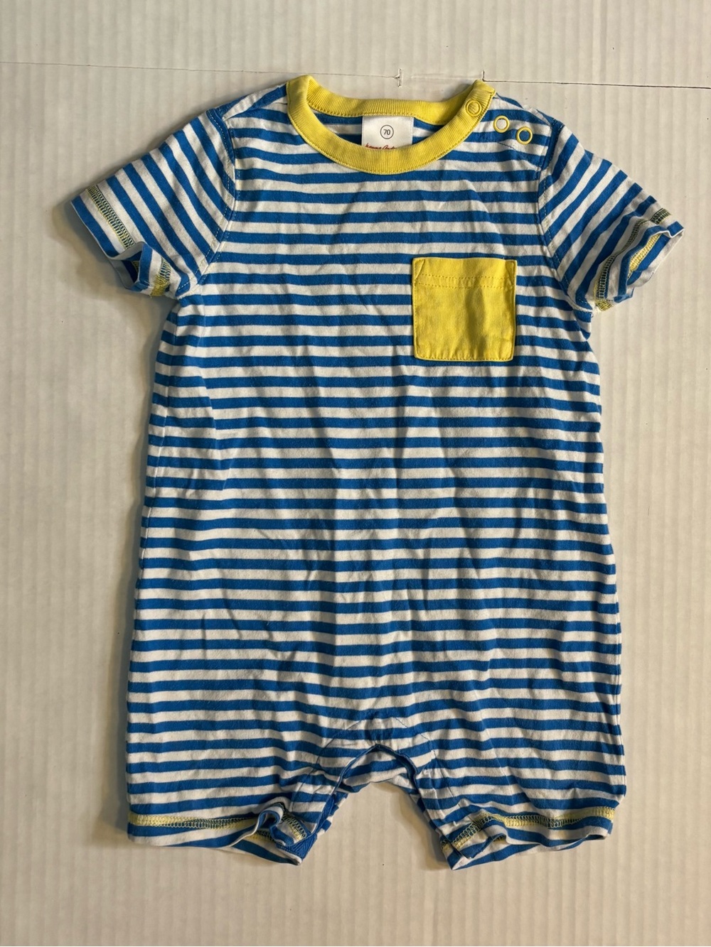 Hanna Andersson Blue & White Striped Baby Romper with Yellow Trim 6-12 months